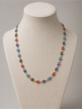 Gold Chain Necklace with Multicolor Evil Eye Charms - Blue, Red, Black